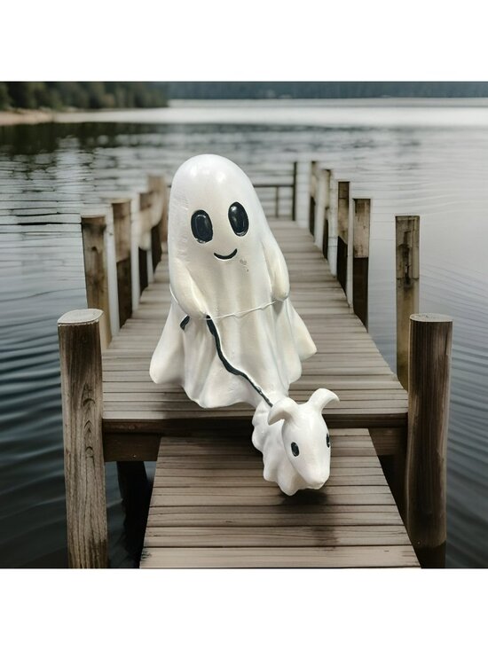 Goblin & Ghoul Other - Goblin & Ghoul Ghost Figurine With Dog On Leash White Ceramic Halloween Décor 9"